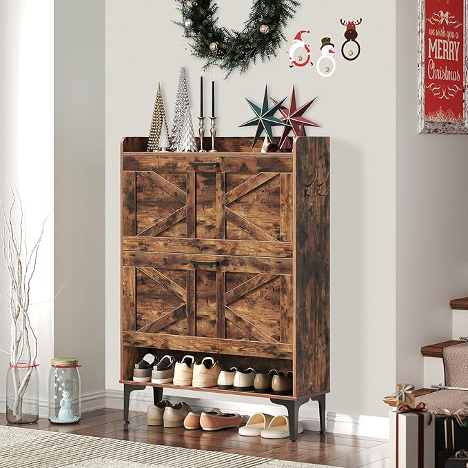 Shoe Storage Cabinet, Shoe Organizer with 2 Flip Drawers, Hidden Shoe Storage for Entryway, Freestanding Organizer with Open Storages, Rustic Brown SHHR9401N1