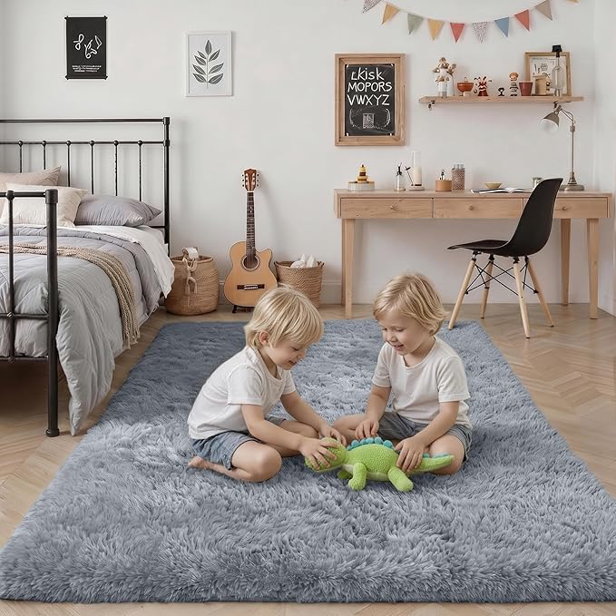 Fluffy Area Rugs 9x12 Living Room Bedroom: Ultra Soft Shag Rug Upgrade Non-Slip Non-Shedding Large Fuzzy Plush Carpet Indoor Floor Carpets for Kids Room Playroom Nursery Dorms Home Decor Light Gray