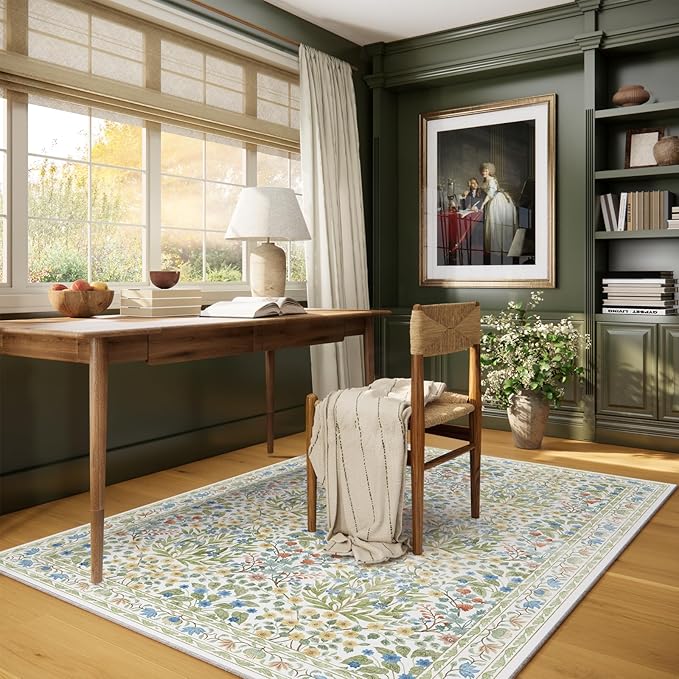 4x6 Feet Area Rug for Living Room Bedroom, Washable Non-Slip Large Rug, Ultra Soft Stain Resistant, Beige Green Distressed Floral Design
