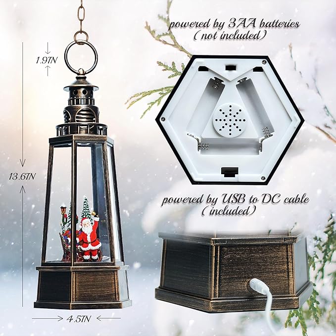 13.5'' Christmas Santa Snow Globe, Retro Lighthouse Style Musical Lighted Water Lantern, Decoration with Swirling Glitter, USB Powered and Battery Operated, Xmas Home Décor Gift