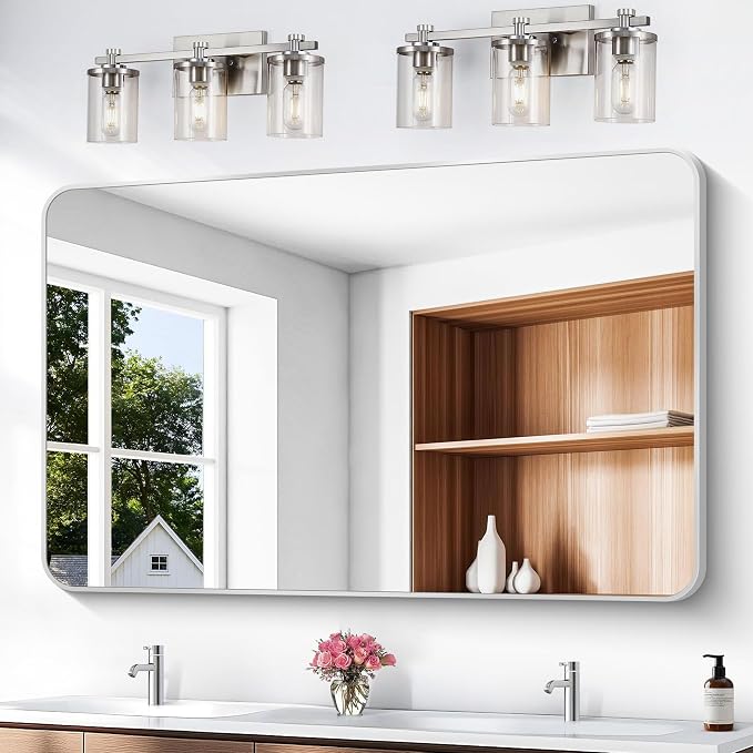 BONEWEI Silver Bathroom Mirror,55x36 inch Wall Mirror for Bathroom Wall Mounted,Rectangle Mirror for Bathroom Over Sink,Modern Frame Round Corner for Living Room,Bedroom Entryway,Horizontal/Vertical