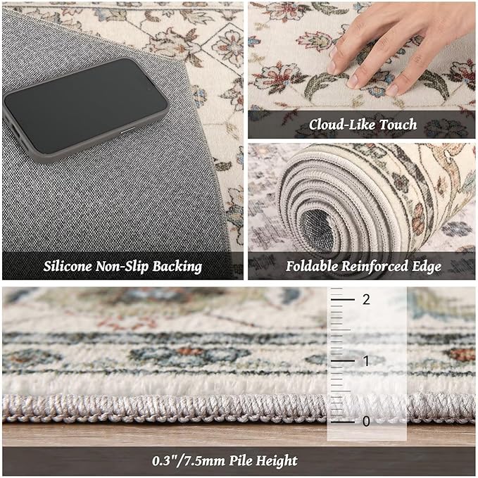 Washable 2x3 Entryway Rug, Boho Non-Slip Door Mat Vintage Distress Small Rugs for Kitchen Nursery Office Bedroom, 0.3" Neutral Oriental Throw Carpet with Cushioning Pad,Beige/Rust/Green/Multi