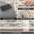 Washable 6x9 Area Rugs for Living Room, Boho Non-Slip Vintage Distress Large Rugs for Bedroom Dining Room Nursery Office, 0.3" Neutral Oriental Throw Thin Carpet, Beige/Rust/Green/Multi