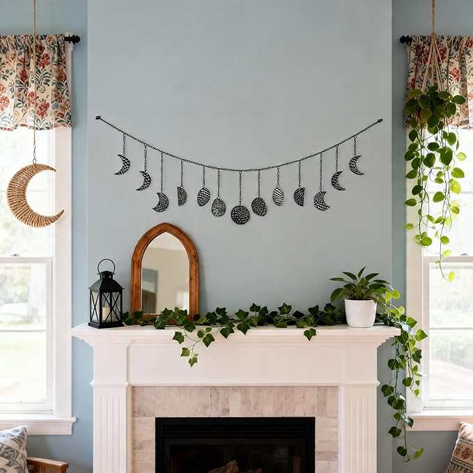opulinea Moon Phase Garland Black Gunmetal Hammered Metal - Celestial Boho Wall Hanging Decor Moon Phases Ornament for Bedroom Aesthetic Above Bed Living Room Home Decor