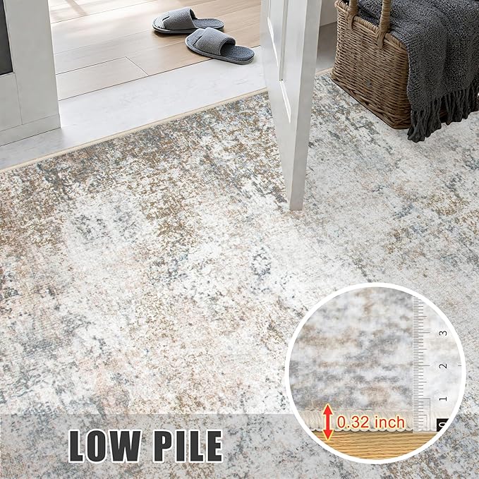 Round Area Rug for Living Room: 4 ft Washable Modern Abstract Soft Thin Rug Indoor Floor No Slip Stain Resistant Carpet for Bedroom Dining Room Farmhouse Nursery Home Office - Brown Grey