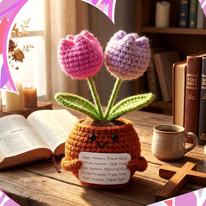 Wavwavw Christian Gift for Women Positive Handmade Tulips Flower Crochet Doll with Bible Verse Prayer Card Inspirational Scripture Religious Crochet for Christmas Sunday Group Church