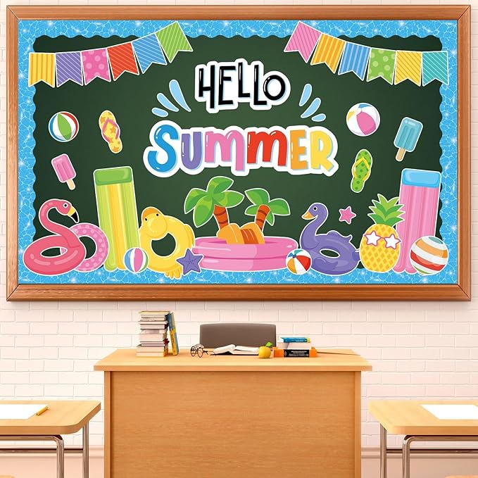 Justforjoyful Hello Summer Bulletin Board Decorations Summer Pool Classroom Bulletin Board Border Hawaiian Beach Paper Cutouts for Classroom Window Wall Home Office School Party Decor
