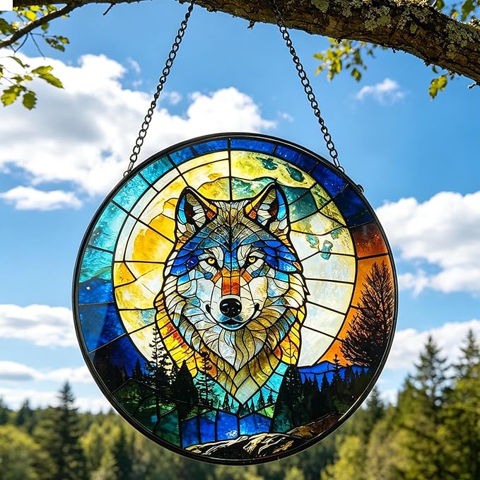 Stained Glass Window Hanging, Stained Glass Suncatcher, Sun Catcher, Window Hanging Decor, Gifts for Fathers Day or Mathers Day, Christmas or Birthday Gift, Gifts for Friend (Wolf W/Moon)