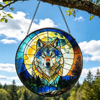 Stained Glass Window Hanging, Stained Glass Suncatcher, Sun Catcher, Window Hanging Decor, Gifts for Fathers Day or Mathers Day, Christmas or Birthday Gift, Gifts for Friend (Wolf W/Moon)