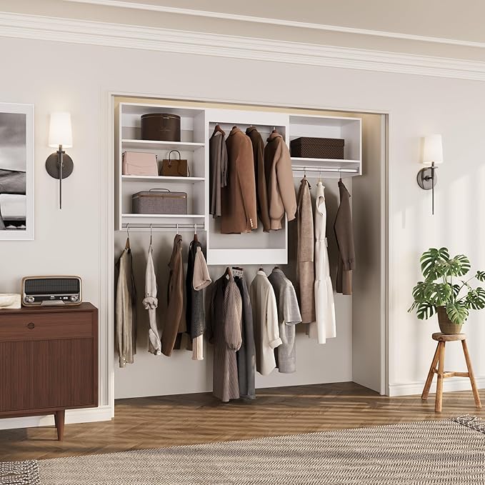 ROOMTEC Modular Closet System, 96" Closet Organizer with Hanging Rods, Wall-Mounted Wooden Tower for Walk-In Closets, Wardrobe Storage Kit, White