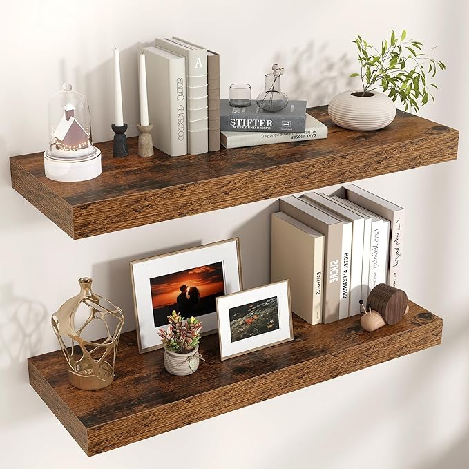 Venusmiles Floating Shelves for Wall, 36" W x 12" D x 2" H, 2 Pack of Long Wall Mounted Engineered Wood Shelves with Invisible Brackets for Living Room, Bedroom, Bathroom, Kitchen Decor, Brown