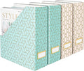 BLU MONACO | Set of 4 Foldable Pink & Aqua Magazine File Holders with Gold Geometric Patterns | Vertical File Organizer Boxes with Gold Label Holders for Home & Office