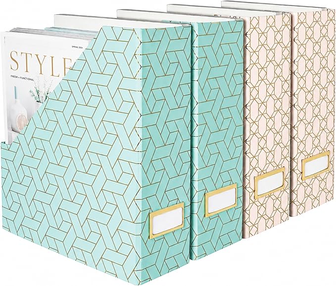BLU MONACO | Set of 4 Foldable Pink & Aqua Magazine File Holders with Gold Geometric Patterns | Vertical File Organizer Boxes with Gold Label Holders for Home & Office