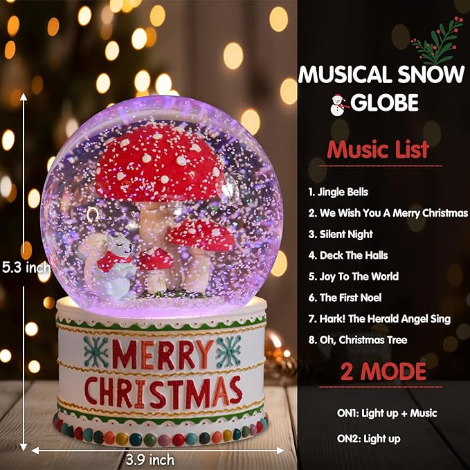 VCUTEKA Christmas Snow Globe, Musical Snow Globes for Girls with Light Up Mushroom and Squirrel, Christmas Snow Globe Decoration Gift, Battery Operated Snowglobes Christmas Décor
