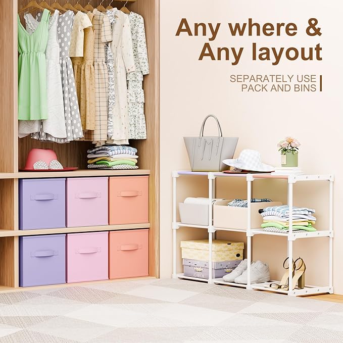9 Cube Storage Organizer with Shelf Back to School Boxes 11 Inch Toy Storage Bins Closet Organizers Drawers Fabric Dresser for Playroom Books Bedroom Dorm Kitchen (Pink,Purple,Orange)