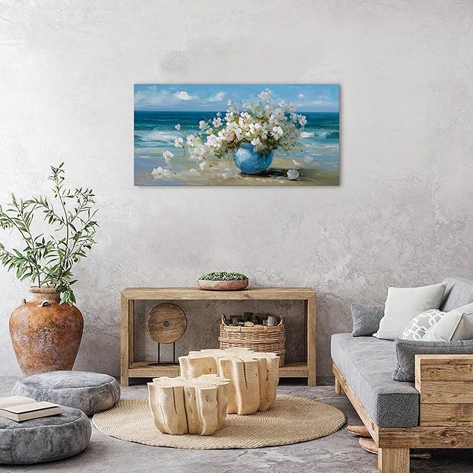 AIYISU Vintage Flowers Canvas Wall Art White Blossom Painting Retro Flowers in Blue Vase Pictures Blue Ocean Coastal Landscape Prints Poster Floral Artwork for Bathroom Bedroom Home Decoration 20x40