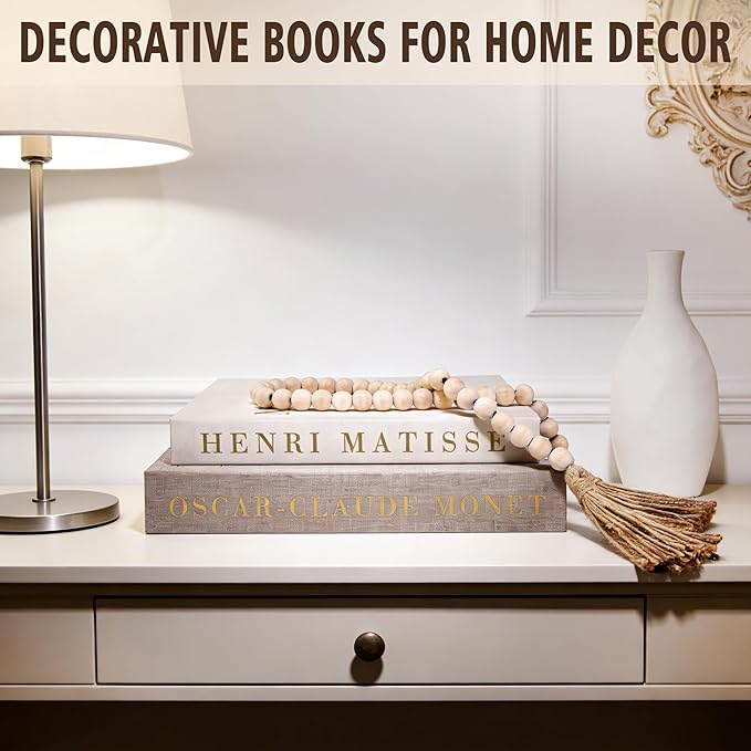 Decorative Books for Home Decor, Coffee Table Decor with Linen White Books Stack Bookshelf, Fake Book Double as Libros Decorativos and Photo Storage (3 Piece Set with Beads)