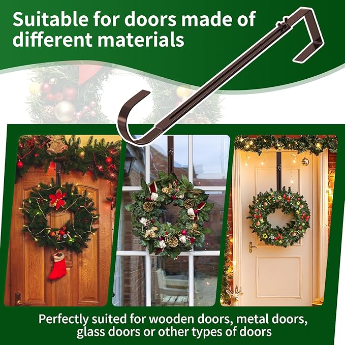 Wreath Hanger for Front Door,Adjustable Metal Wreath Hanger from 12-20", Hold Up 20lb, Indoor or Outdoor Over The Door Wreath Hook Hanger for Easter Spring Halloween Xmas Wreath Decorations (Bronze)
