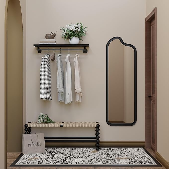 Black Clothes Rack 36in, Wall Mounted Garment Rack with Black Real Wood Shelf, Heavy Duty Hanging Clothes Rack, Multi-Purpose Hanging Rod, Space-Saving Closet Storage