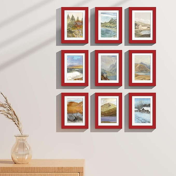 Vittanly 5x7 Picture Frames Set of 9, Shatter Resistant Plexiglass, Display 4x6 Pictures with Mat or 5x7 without Mat, Photo Frames for Wall or Tabletop, Engineered Wood, Red