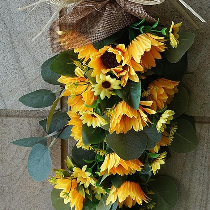Spring Sunflower Swag, Sunflower Teardrop Swag with Eucalyptus Leaves Front Door Sunflower Swags Wreath for Wedding Arch Front Door Wall Decor