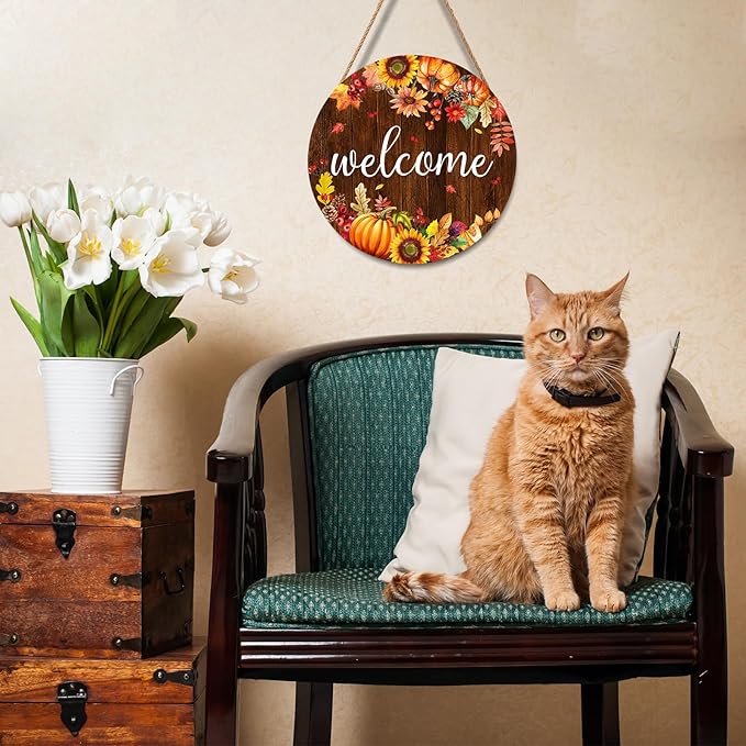 Fall Pumpkin Sunflower Front Door Welcome Hanger 12"x12" - Autumn Thanksgiving Farmhouse Decorations - Rustic Outdoor Hanging Plaque Wall Art for Home Porch