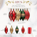 JORNOY Finial Drop Christmas Ornaments for Tree Decorations, 150mm/6inch Shatterproof Plastic Hanging Large Tear Drop Baubles Bulk for Holiday Home Party Decor with String, 8 Pack, Red Green Gold