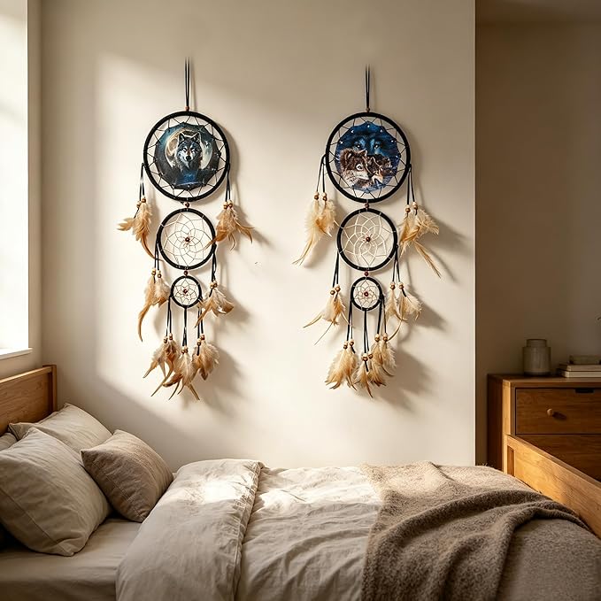 Remorelt Wolf Eagle Bear Dream Catcher Bedroom Wall Decor, Christmas Home Decoration, Room Accessory, White Moon Feather Decoration - Unique Home Craft Wall Pendant (DC25 6Inch Set 2 Wolf)