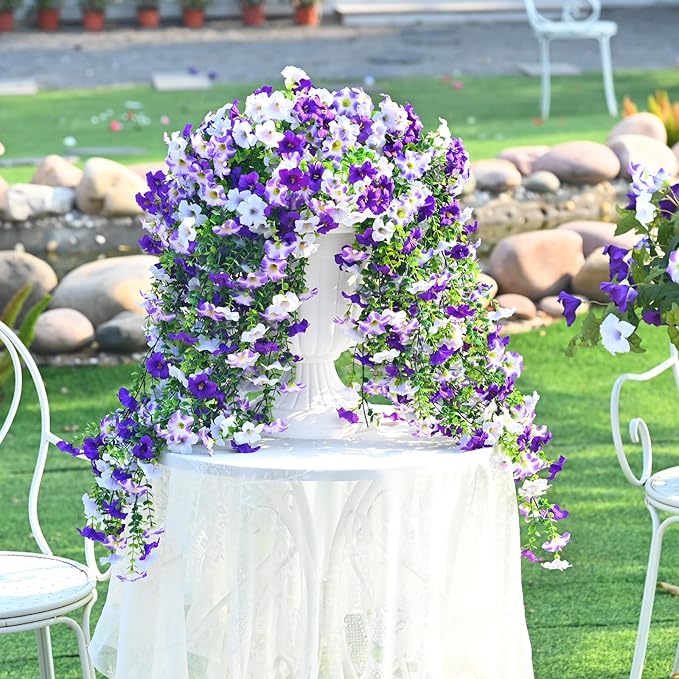 Waipfaru Artificial Petunias Flowers for Outdoors, 4 Pcs UV Resistant Fake Hanging Plants Spring Outside Decor, Faux Silk Flowers Long Trailing Vines for Outdoor Planters Porch Garden (Purple White)
