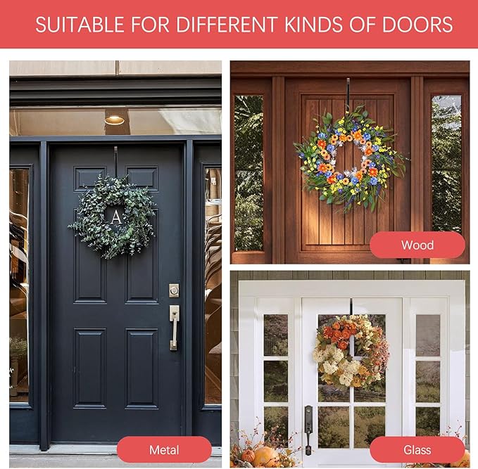 FYY Wreath Hanger for Front Door - 12” Over The Door Hooks for Easter Halloween Christmas Decoration Welcome Sign Heavy Duty Hangers Organizer with Rubber Prevent Scratches, 1PCS Black