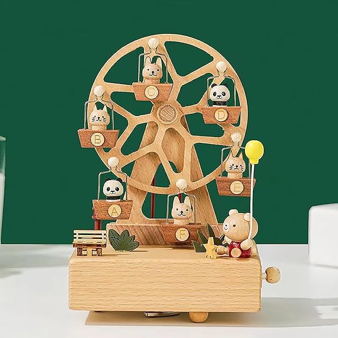 Natural Solid Wood Handcrafted Beech Wooden, Musical FigureTotoro/Carousel/Fairy/Ballerina Figurine,Rotating Hand Crank Mechanism Music Box,Musical Decorations (Skywheel)