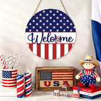 Harooni 4th of July Welcome Sign Memorial Day Door Hanger 12x12 Inch American Flag Star Wreaths for Front Door Decor American Patriotic Independence Day Hanging Sign for Home Wall Window Porch Outdoor