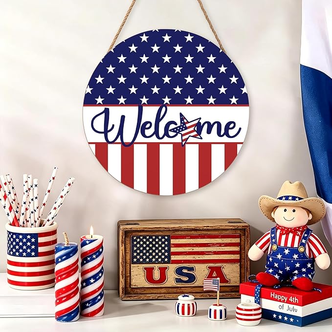 Harooni 4th of July Welcome Sign Memorial Day Door Hanger 12x12 Inch American Flag Star Wreaths for Front Door Decor American Patriotic Independence Day Hanging Sign for Home Wall Window Porch Outdoor