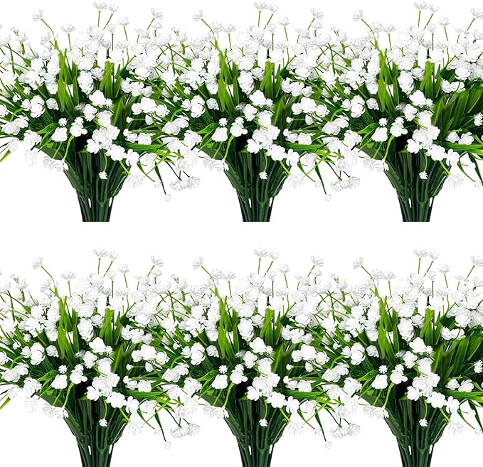 12 Bundles Artificial Flowers for Outdoors Spring Decor, Realistic UV Resistant Fake Plants Faux Plastic Flowers for Outside Planter Home Gardens Patio Porch Yards Cemetery Summer Decor(White)
