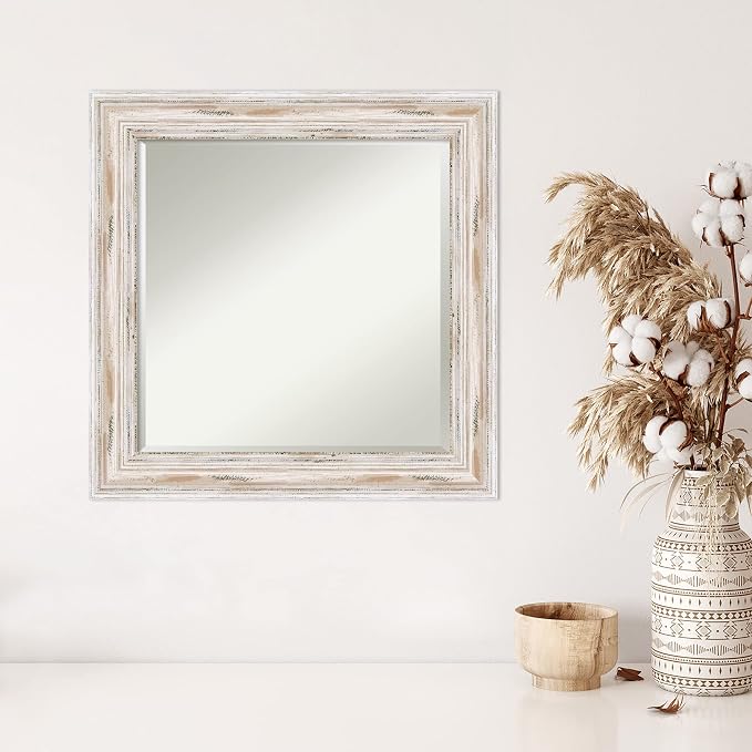Amanti Art White Wall Mirror 25x25 Alexandria White Wash Square Bathroom Mirror for Wall Decor Living Room, Medium Cottage Wood Frame, Hangs Horizonally and Vertically, Bathroom Decor, Beveled Edge