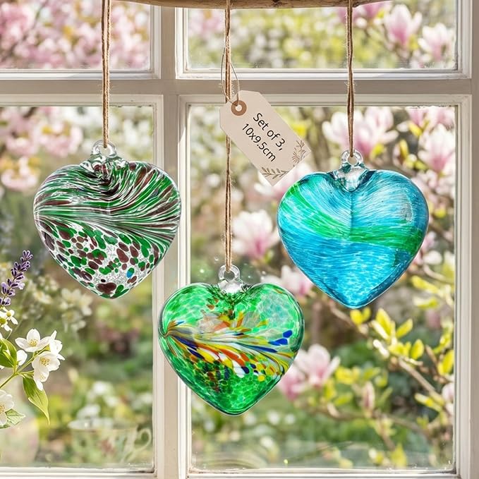 Set of 3 Green Blown Glass Heart Ornaments 4 Inch Hanging Decor for Outdoor Unique Home Garden Patio Decoration for Mom Wife
