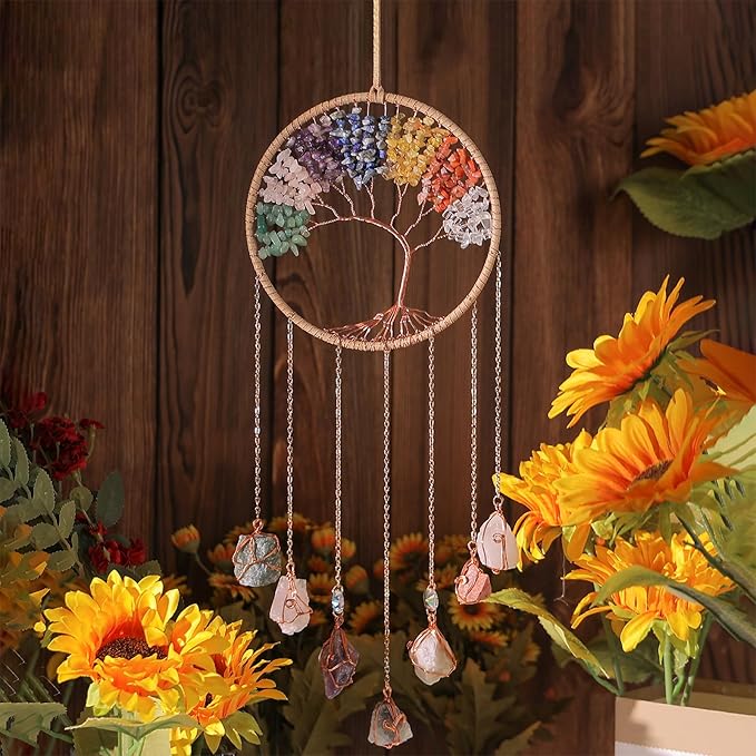 7 Chakra Wind Chimes Raw Stone Tree of Life Dream Catchers Hanging Ornament Natural Crystal Wind Chime for Home Garden Decoration(Gold)