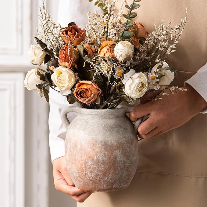 Ceramic Flower Small Vase 6 inch Farmhouse Rustic Vase Decorative Pottery Terracotta Vases for Home Decor Table Mantle Fireplace Living Room Bathroom Wedding Centerpiece