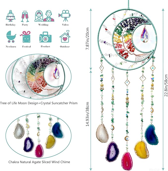 Large Dream Catchers, Chakra Tree of Life Dreamcatcher with Rainbow Healing Crystal Agate Suncatcher for Windows Hangings Prism Decoration Gifts for Adult Boys Bedroom Garden Room Decor