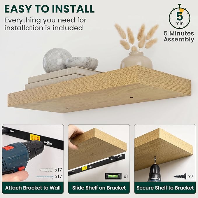 Floating Shelves for Wall 36 in x 9.3 in Deep, Wall Mounted Rustic Wood Shelf with Invisible Brackets for Storage & Display, Living Room Bedroom Bathroom, Oak, 2 Pack