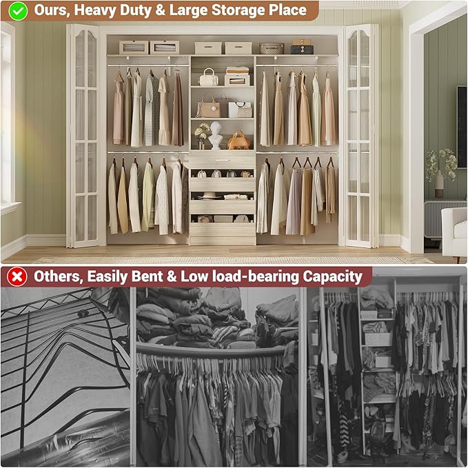 Aheaplus Closet System with 4 Drawers, 8FT Wood Closet Organizer System, Walk-in Closet Wardrobe with Tower, 4 Hang Rods, 2 Top Shelves, Built In Closet Insert System, Fits Spaces 4-9 ft, White Oak