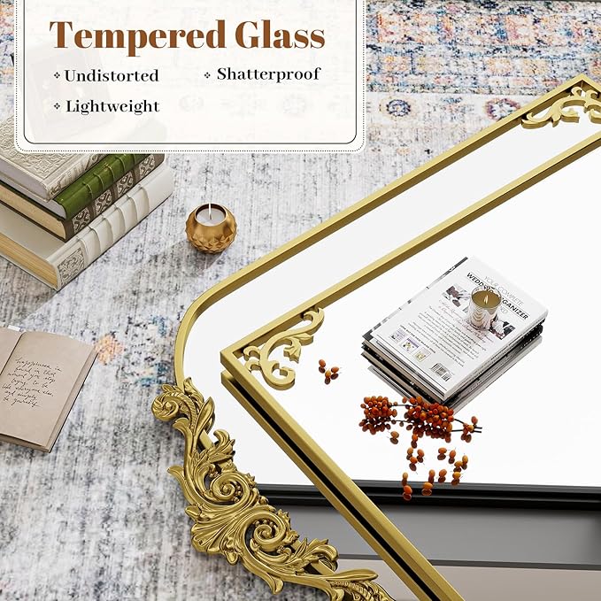 VooBang 24x36 inch Vintage Arched Bathroom Mirror - Gorgeous Wall Vanity Mirror with Beautiful Retro Top and Bottom Engraving Process Frame for Entryway Hallway Living Room, Gold