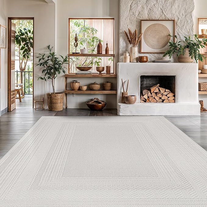 Micro Loop Indoor Rug White 5x7 Boho Geometric Neutral Area Rugs for Living Room Soft Luxury Modern Low and High Pile Durable Stain Resistant Non-Shedding Indoor Area Carpet 5 x 7