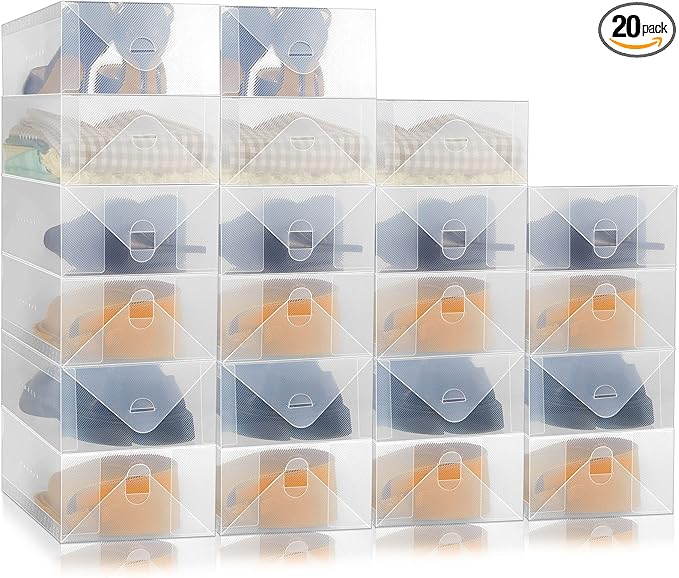 Sintuff 20 Pcs Clear Shoe Boxes Plastic Stackable Clear Shoe Storage Boxes for Women Men Ankle Boots High Heels Rooms Closet(11.8 x 7.5 x 3.7 Inches)