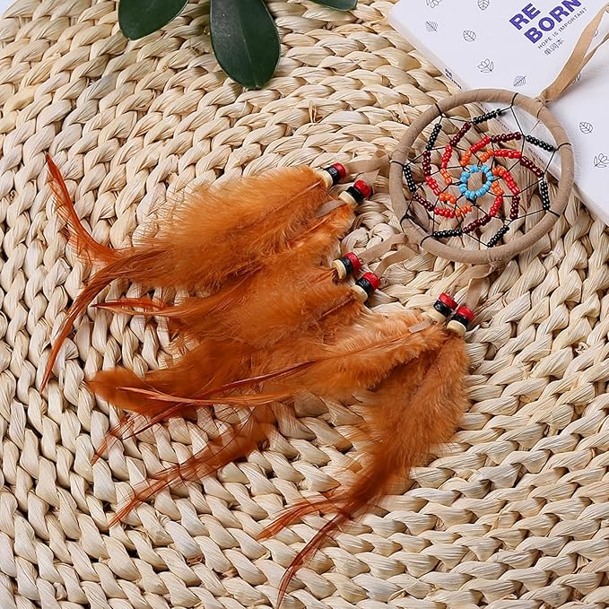 Handmade Dream Catchers Wall Decor,Boho Feather Dreamcatcher with Natural Elements,Unique Home Decor Gift for Bedroom, Living Room (Light Coffee Color 11.8in)