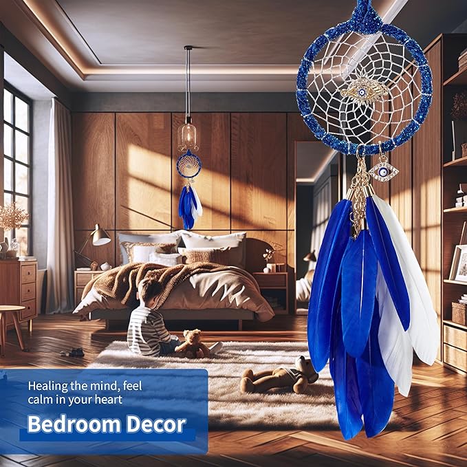Mini Dream Catchers - Evils Eye with Goose Feather, Bluish Violet Flannel, Handmade Small Dreamcatcher for Bedroom, A Dream Catcher for Girls and Boys, Wall Decor
