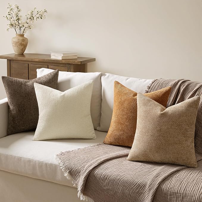 MIULEE Pack of 4 Brown Couch Throw Pillow Covers 20x20 Inch Soft Decorative Chenille Pillows Farmhouse Accent Cushions for Boho Home Decor Spring Sofa Bedroom Living Room