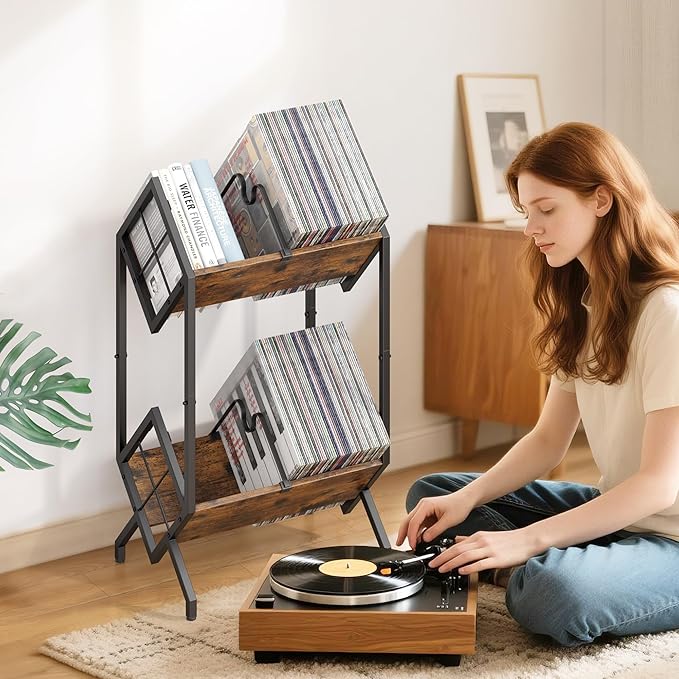 RUILALIFE 2-Tier-Vinyl-Record-Storage-Holder With Dividers, Metal Album storage for vinyl records display Shelf, Vintage 160-200 LP Storage Shelf Stand