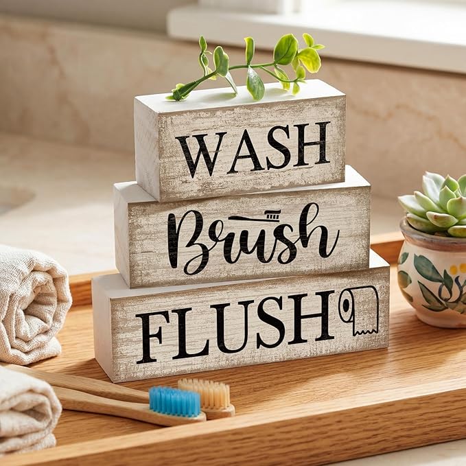 Moucuny 4 Pcs Farmhouse Bathroom Decor and Accessories Rustic Bathroom Shelf Decor Sign Set "wash/brush/flush" Farmhouse Eucalyptus Leaves Wood Block Signs for Toilet Vanity Countertop Home Decoration