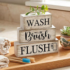 Moucuny 4 Pcs Farmhouse Bathroom Decor and Accessories Rustic Bathroom Shelf Decor Sign Set "wash/brush/flush" Farmhouse Eucalyptus Leaves Wood Block Signs for Toilet Vanity Countertop Home Decoration